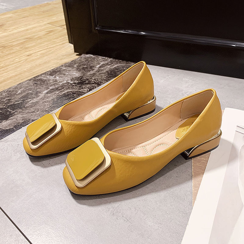 Square Buckle Shallow Mouth Ladies Soft Leather Square Heel Gentle Fairy Shoes