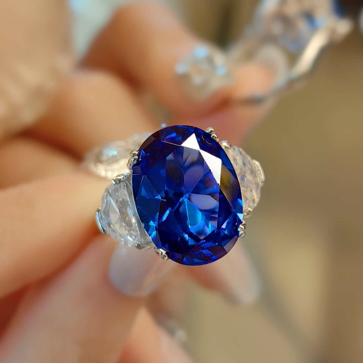 Fashionable Light Luxury Royal Blue Spinel Ring With Simple Temperament