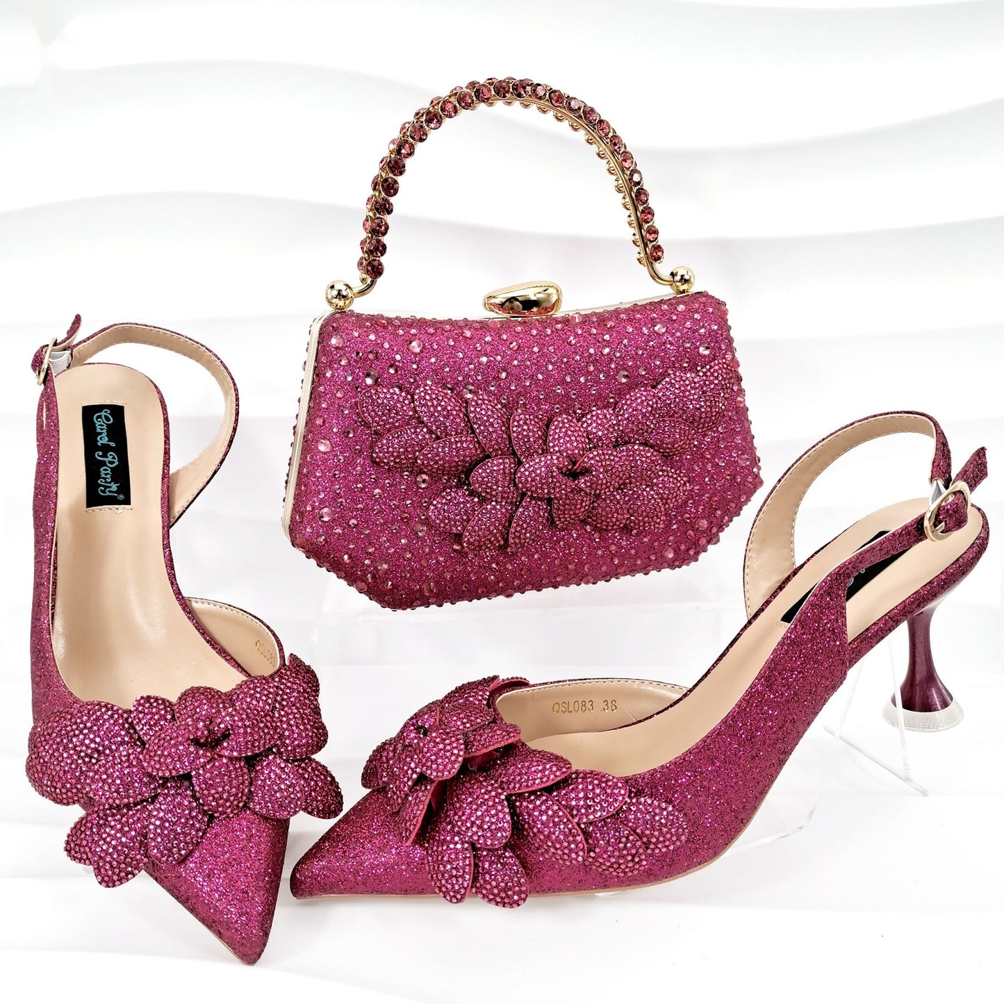 🔥 ☄️Cross-border Ladies Party Shoes Bag Set Handmade Leaf Decorative Wine Glass Heel
