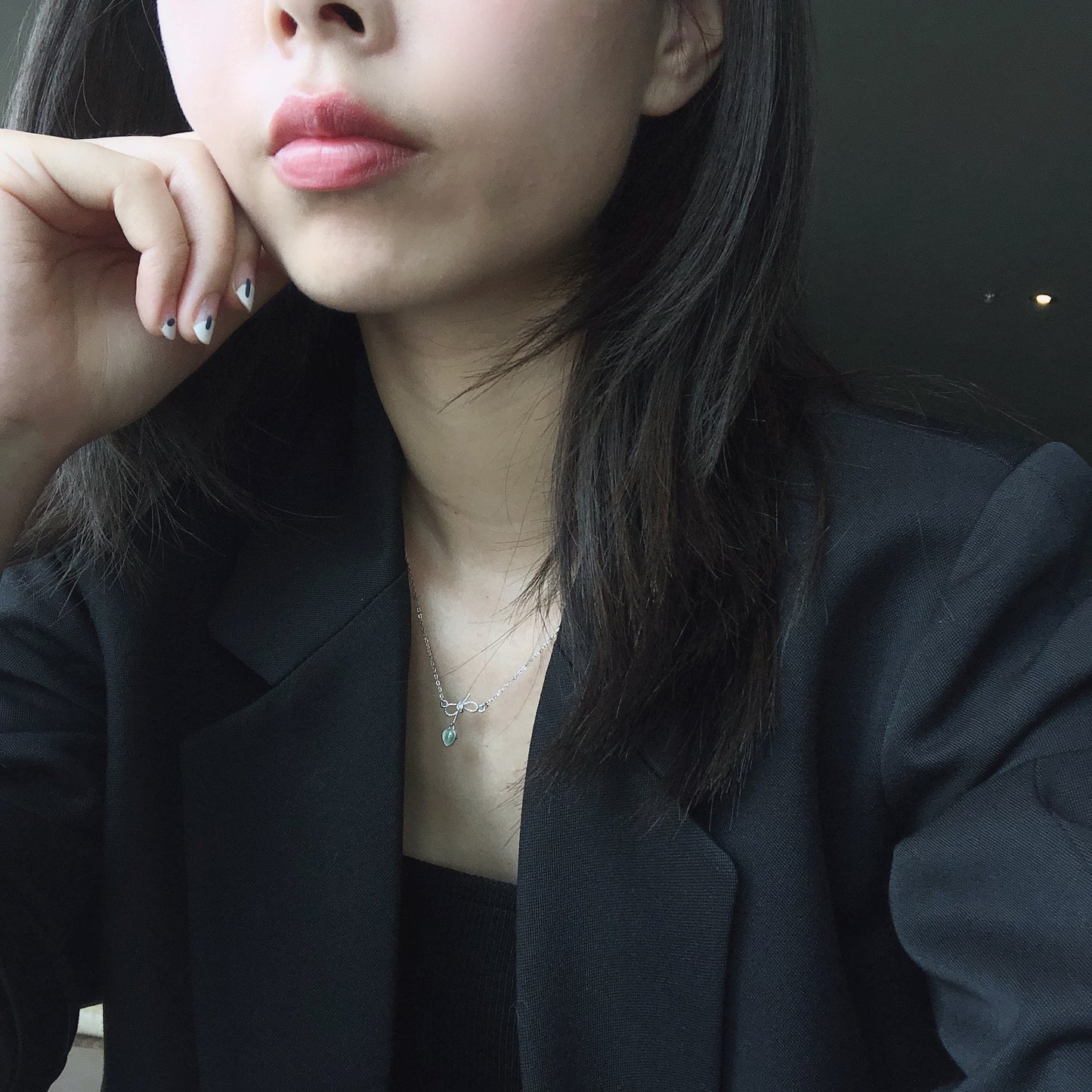 Pure silver bow love cat's Eye Necklace