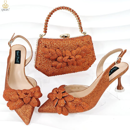 🔥 ☄️Cross-border Ladies Party Shoes Bag Set Handmade Leaf Decorative Wine Glass Heel