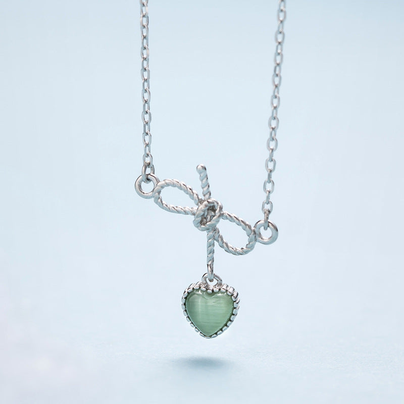 Pure silver bow love cat's Eye Necklace