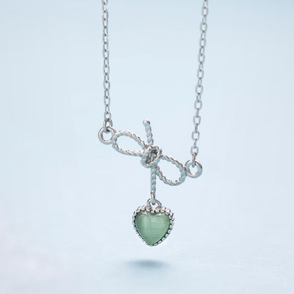 Pure silver bow love cat's Eye Necklace