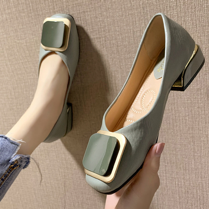 Square Buckle Shallow Mouth Ladies Soft Leather Square Heel Gentle Fairy Shoes