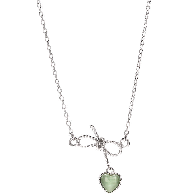 Pure silver bow love cat's Eye Necklace