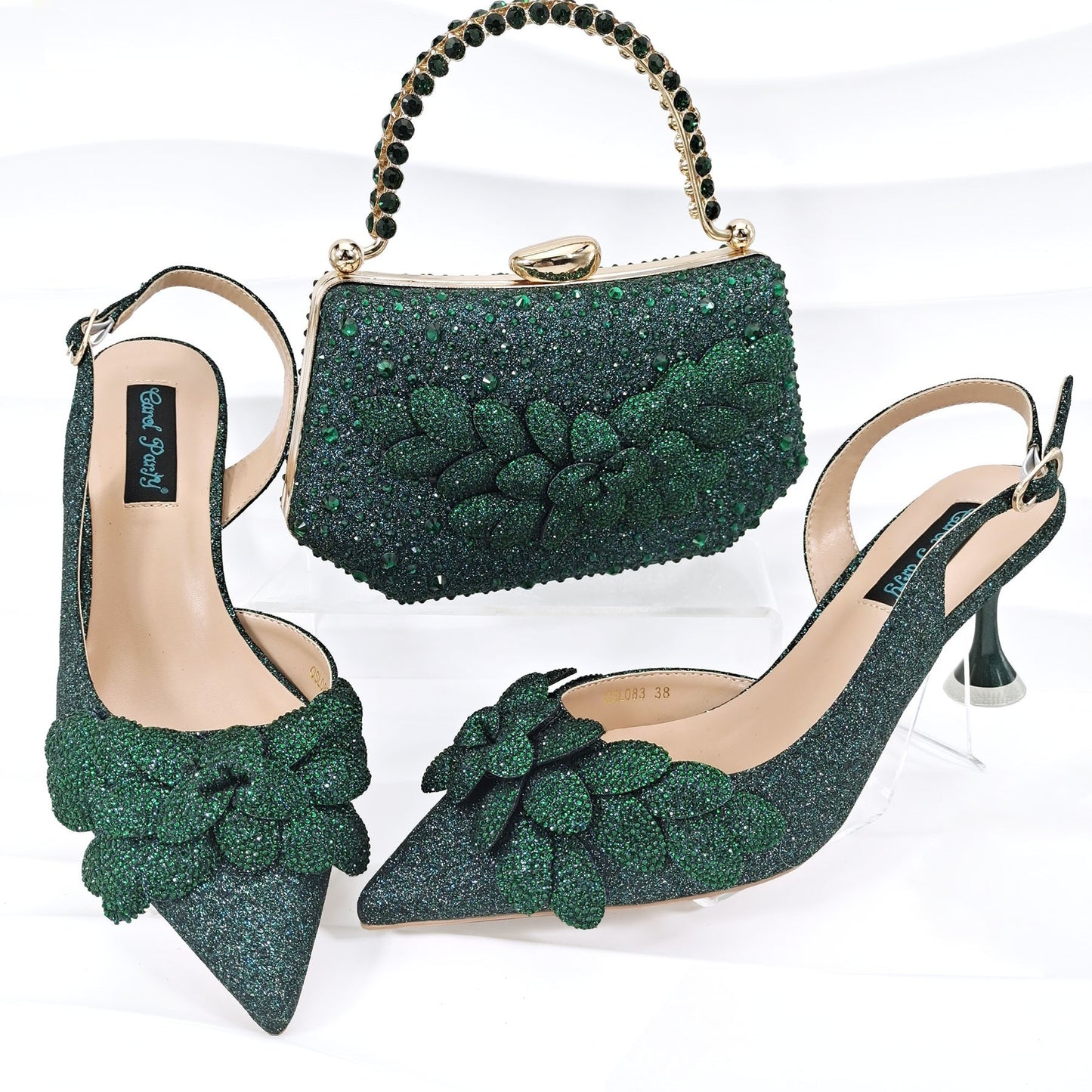 🔥 ☄️Cross-border Ladies Party Shoes Bag Set Handmade Leaf Decorative Wine Glass Heel
