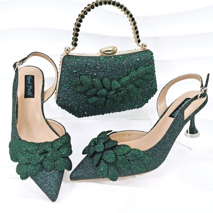 🔥 ☄️Cross-border Ladies Party Shoes Bag Set Handmade Leaf Decorative Wine Glass Heel