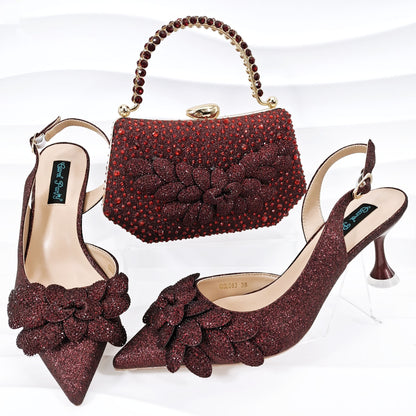 🔥 ☄️Cross-border Ladies Party Shoes Bag Set Handmade Leaf Decorative Wine Glass Heel