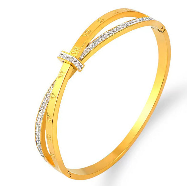 Diamond Double Ring Bracelet Titanium Steel Plated 18K Rose Gold Bow Female Bracelet